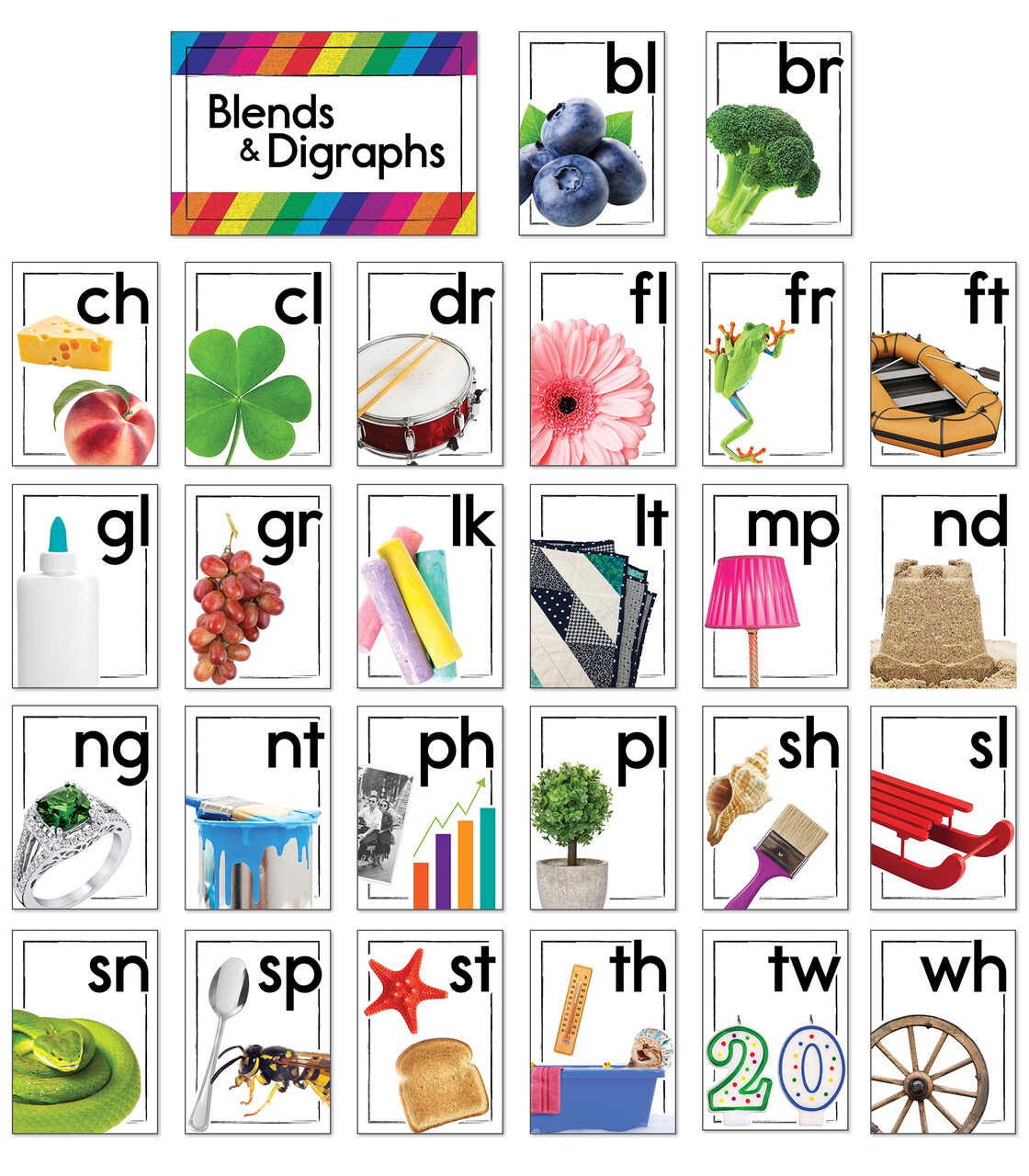 Carson Dellosa Blends and Digraphs Bulletin Board Set—Blend Cards, Digraph Cards, and Header for Bulletin Boards and Grammar Learning, Homeschool or Classroom Décor (35 pc)